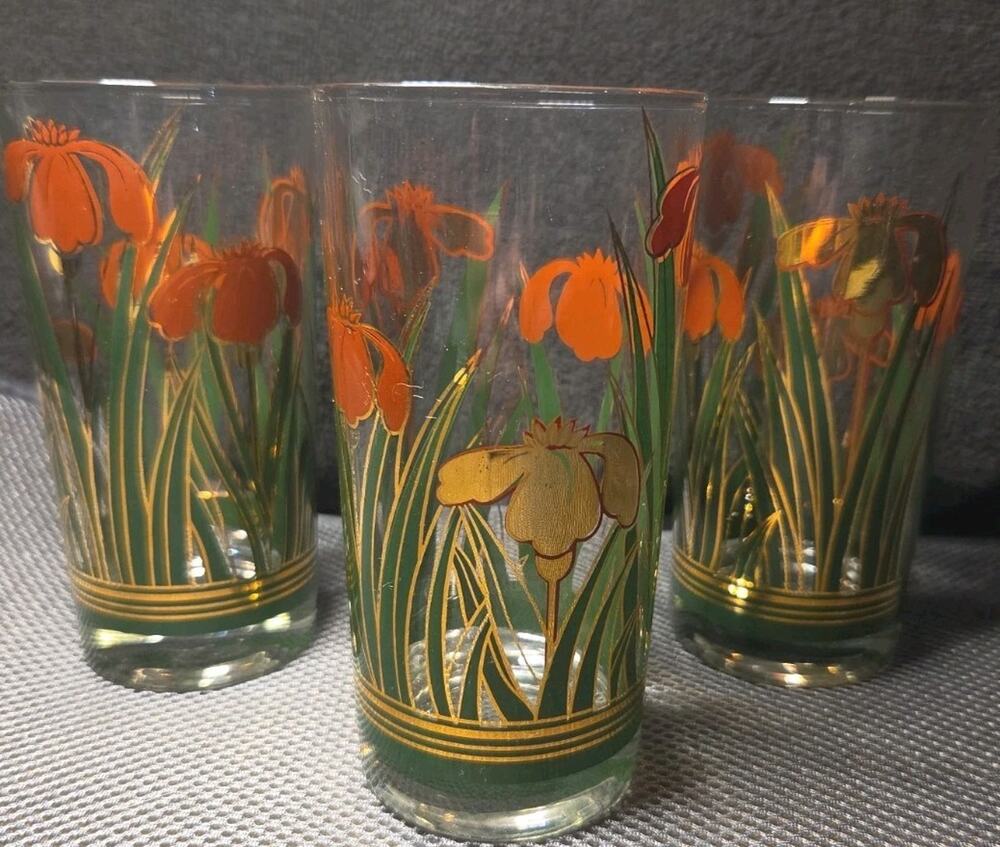 Set Of 3 Vntg Culver glassware with enameled iris and gold detailing